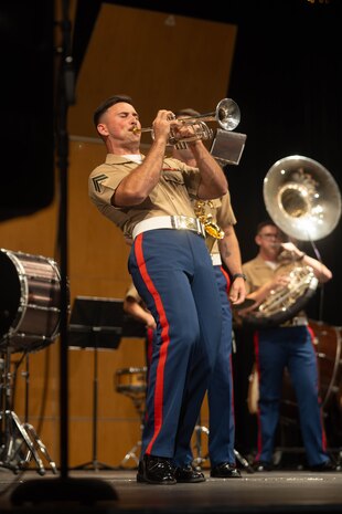U.S. Marine Corps Cpl. Jonathan Grant, a musician in the San Diego Marine Corps Jazz Ensemble, performs during a Northern California Band Association competition at Inderkum High School in Sacramento, Calif., April 27, 2024. The San Diego Jazz Ensemble attended the competition to perform, show support for local musicians and bolster knowledge of the Marine Corps Musician Enlistment Option Program. (U.S. Marine Corps photo by Sgt. Ryan Harvey)
