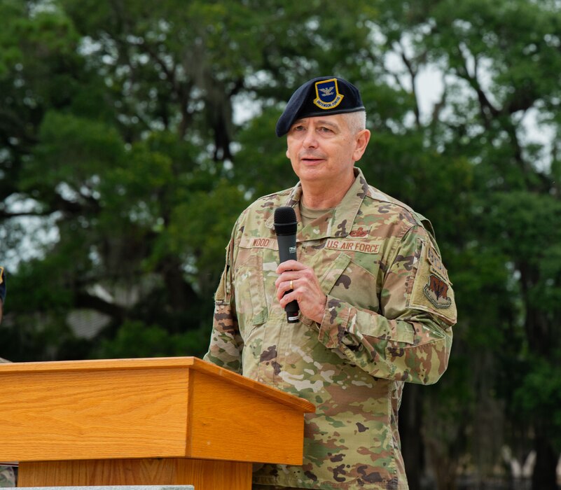 U.S. Air Force Col. Lawrence Wood, 820th Base Defense Group deputy commander, gives opening remarks at an opening ceremony for National Police Week at Moody Air Force Base, Georgia, May 13, 2024. Police week is meant to build camaraderie while honoring civilian and military law enforcement that gave their lives in the line of duty. (U.S. Air Force photo by Airman 1st Class Ian Stanely)