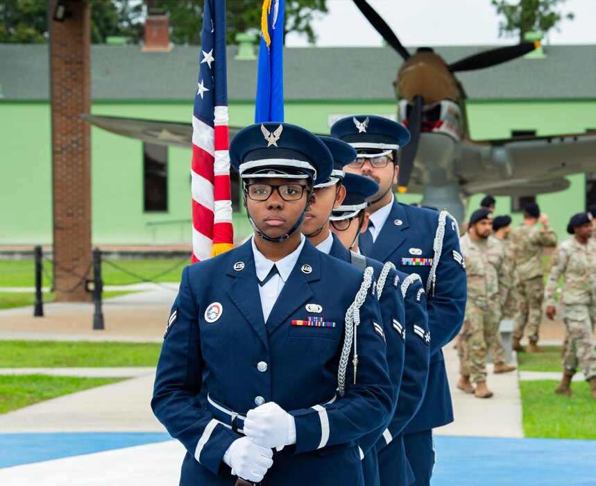 Members of the Moody Air Force Base Honor Guard present the colors at an opening ceremony for National Police Week at Moody Air Force Base, Georgia, May 13, 2024. Police week is an opportunity for Airmen to pay their respects to law enforcement officers that have lost their life in the line of duty. (U.S. Air Force photo by Airman 1st Class Ian Stanely)