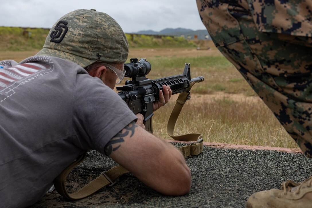 A member of Vistage participates in a live-fire range at Marine Corps Base Camp Pendleton, California, May 15, 2024. Vistage members observed recruit training in order to gain a better understanding about the transformation from recruits to United States Marines. They also received classes and briefs about benefits provided to service members serving in the United States armed forces. (U.S. Marine Corps photo by Lance Cpl. Jacob B. Hutchinson)