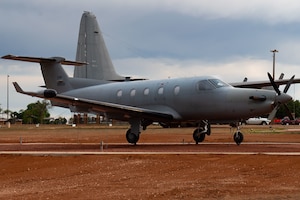 Tail N581 “War Machine,” a Pilatus PC-12 Light Tactical Fixed Wing aircraft, sits after being commemorated as a static display at Cannon Air Force Base, New Mexico, on May 16, 2024. Tail N581 flew 17,025 hours and conducted 60,000 landings since it entered service in 2008. (U.S. Air Force photo by Staff Sgt. Nicholas Swift)