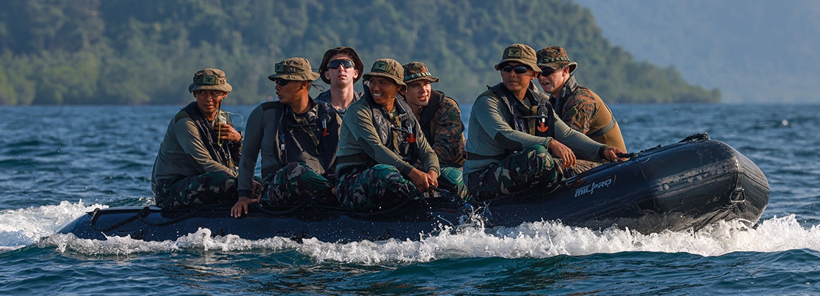 240515-M-HP224-2739 BANDAR LAMPUNG, Indonesia (May 15, 2024) U.S and Indonesian Reconnaissance Marines return from conducting amphibious operations with combat rudder raiding crafts during Exercise Cooperation Afloat Readiness and Training (CARAT) Indonesia 24 in Bandar Lampung, Indonesia, May 15, 2024. This year marks the 30th iteration of CARAT, a multinational exercise series designed to enhance U.S. and partner navies’ abilities to operate together in response to traditional and non-traditional maritime security challenges in the Indo-Pacific region. (U.S. Marine Corps photo by Cpl. Aidan Hekker)