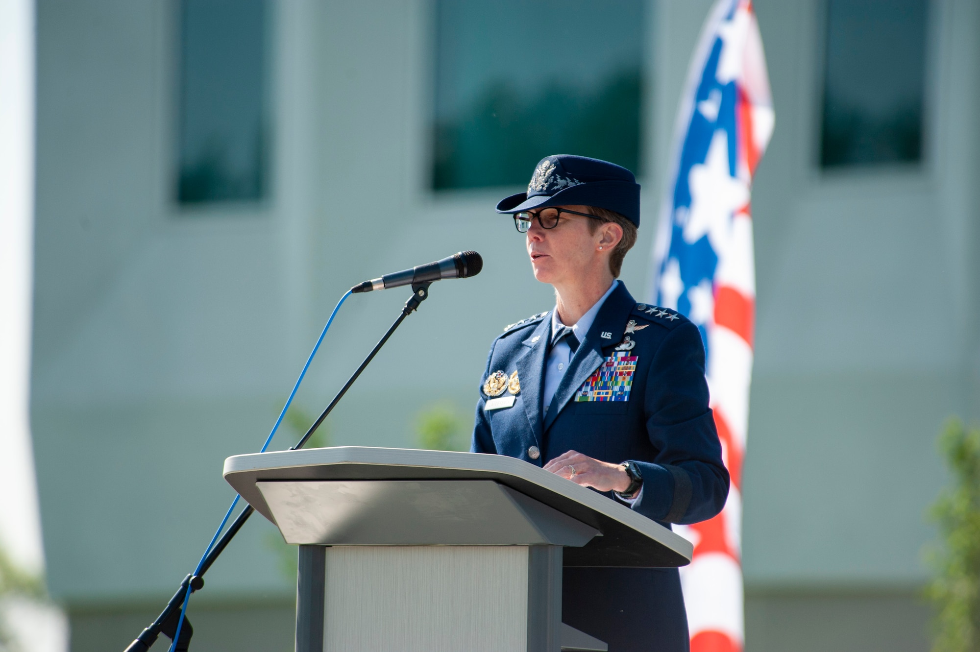 U.S. Air Force Lt. Gen. Leah Lauderback gives remarks during a ribbon cutting ceremony