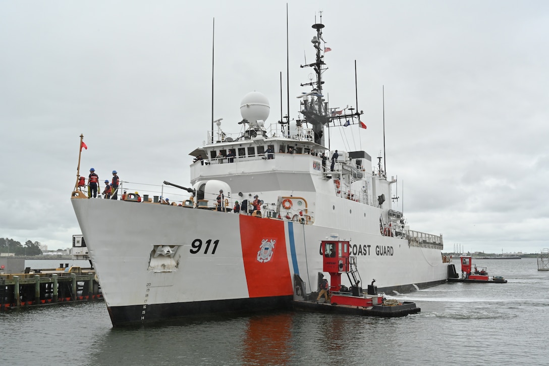 U.S. Coast Guard Cutter Forward (WMEC 911) approaches the pier, Sept. 26, in Portsmouth, Virginia. Forward completed a two-and-a-half month-long patrol in the North Atlantic Ocean to support the Coast Guard Arctic Strategy and participate in the Canadian Armed Forces-led Operation Nanook 2023, an annual military exercise conducted to strengthen shared maritime objectives in the high northern latitudes. (U.S. Coast Guard photo by Petty Officer 2nd Class Brandon Hillard)
