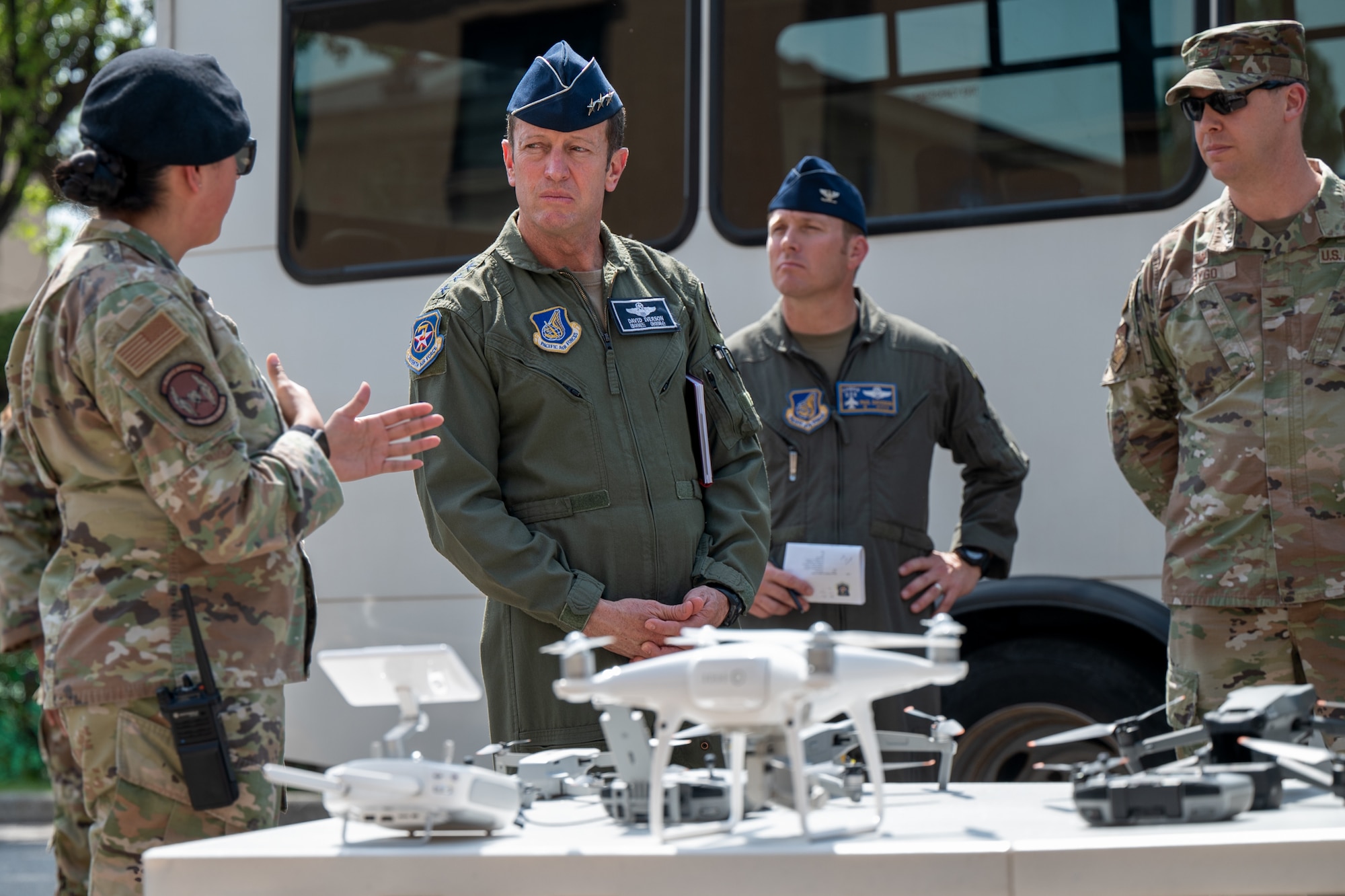 U.S. Air Force Lt. Gen. David R. Iverson, Seventh Air Force commander, receives a brief from members assigned to the 51st Security Forces Squadron at Osan Air Base, Republic of Korea, April 22, 2024. Iverson's thorough immersion with the 51st Fighter Wing’s operations strengthens mission execution by offering strategic direction, enhancing readiness and refining support for its critical goals. (U.S. Air Force photo by Senior Airman Brittany Russell)