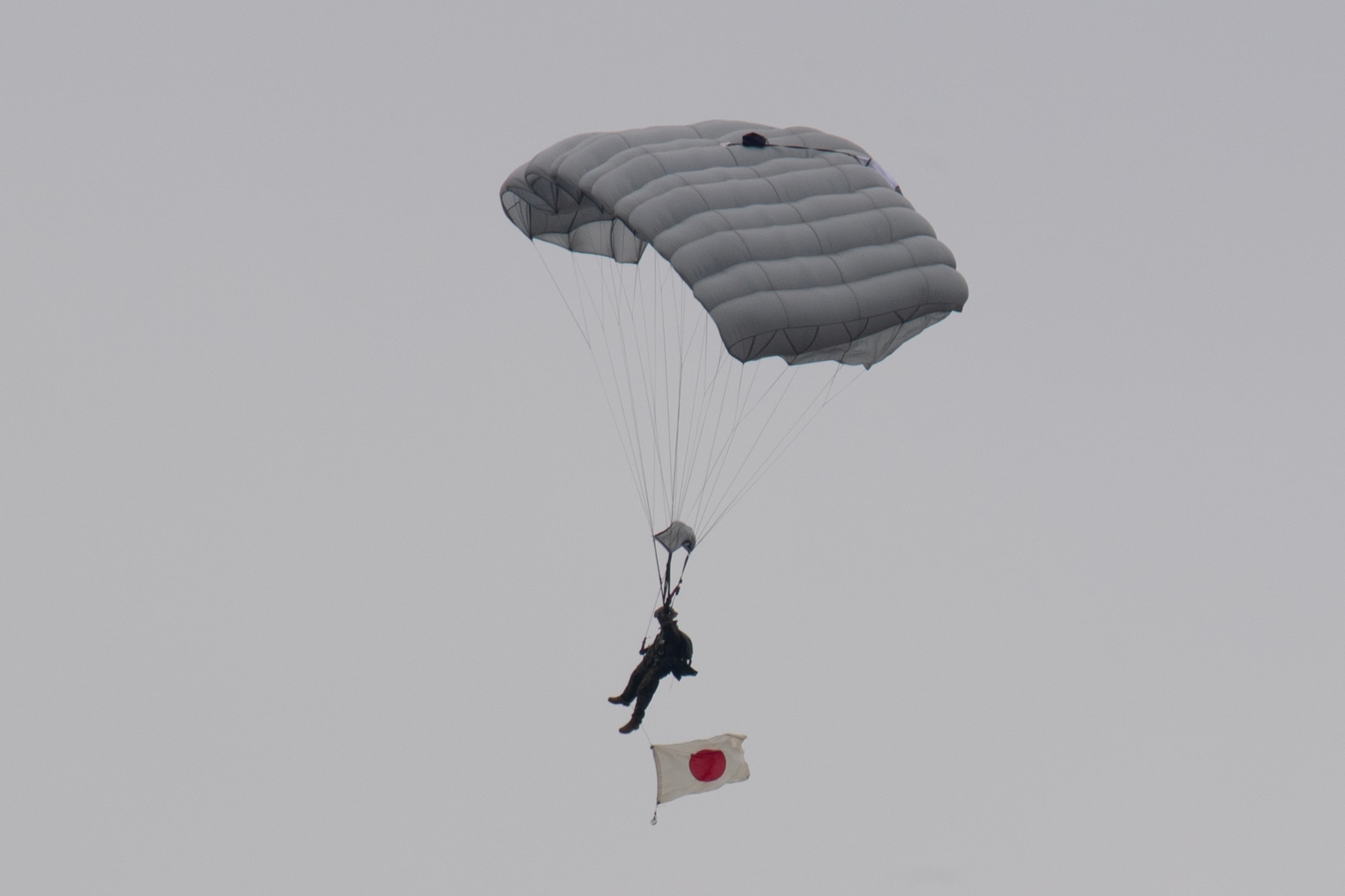 A Japan Ground Self-Defense paratrooper assigned to the 1st Airborne brigade descends after jumping from a U.S. Air Force C-130J Super Hercules assigned to the 36th Airlift Squadron during the Japanese-American Friendship Festival 2024 at Yokota Air Base.