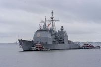 The guided-missile cruiser USS Leyte Gulf (CG 55) returns to Naval Station Norfolk, May 17, 2024, marking their final deployment. Leyte Gulf deployed to the 4th Fleet area of responsibility, seizing 6,470 kilograms of illicit-drugs, a semi-submersible, and conducted theater security cooperation visits. Constructed in 1985 and commissioned in 1987, Leyte Gulf is named after the decisive World War II battle in the Philippine Sea. (U.S. Navy photo by Mass Communication Specialist 2nd Class Manvir Gill)