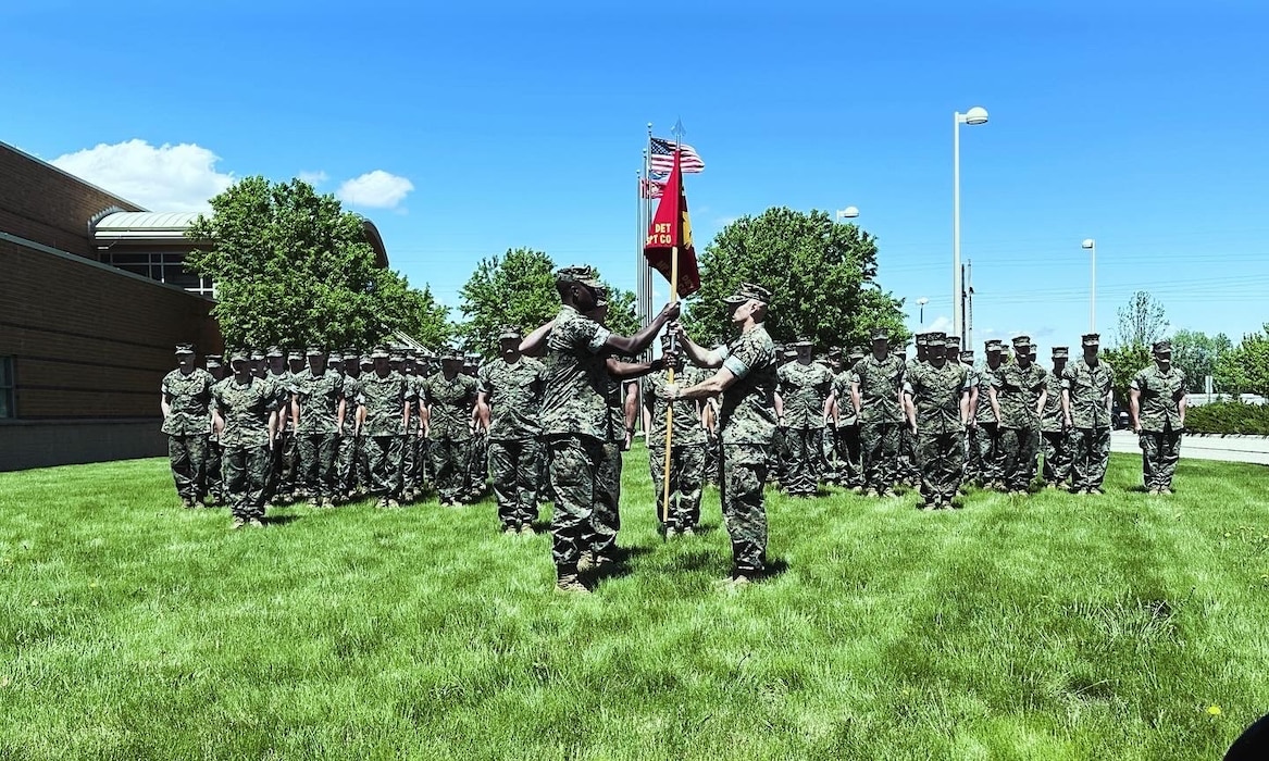 Marines in Wahpeton, North Dakota, execute their company's change of command ceremony. Outgoing Company Commander Ryan Tallmadge relinquished command to Captain Joshua Twitty in a motivating ceremony.