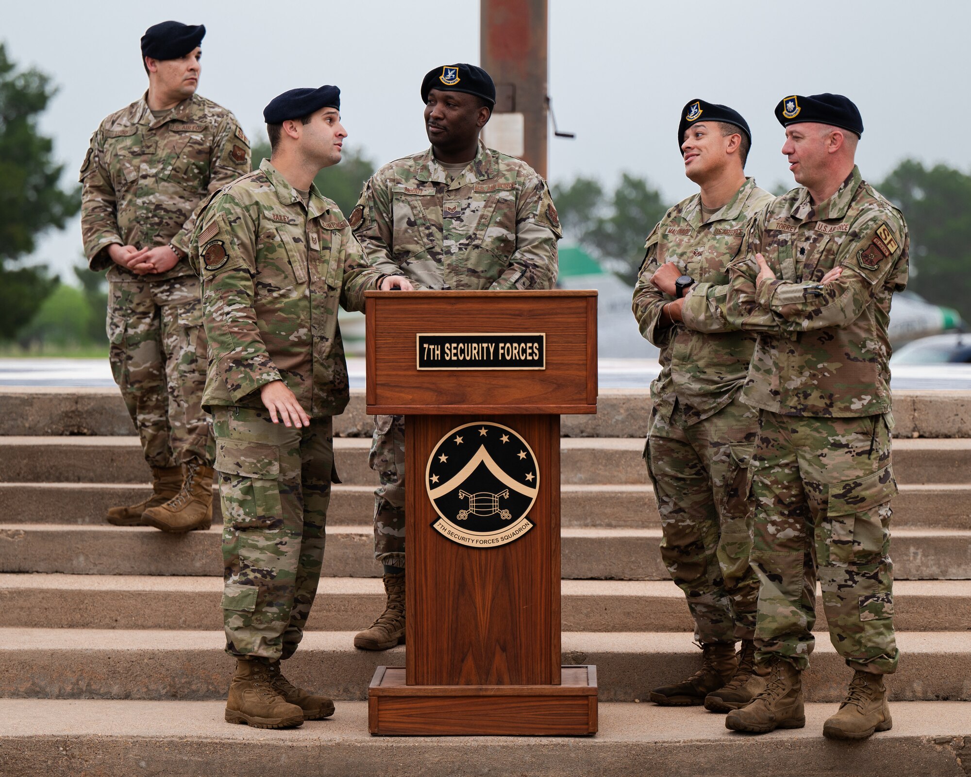 U.S. Air Force Airmen from the 7th Security Forces Squadron prepare for the opening ceremony for National Police Week at Dyess Air Force Base, Texas, May 13, 2024. Dyess held its own recognition ceremonies and morale events on base to pay tribute to those who made the ultimate sacrifice in the line of duty. Meanwhile, each year during Police Week, tens of thousands of law enforcement officers convened in Washington, DC, to honor their fallen comrades. (U.S. Air Force photo by Airman 1st Class Jade M. Caldwell)