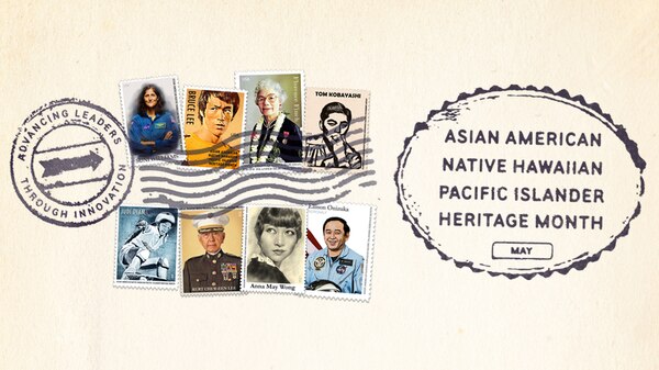 A graphic depicting elements related to the observance of recognizing Asian American and Pacific Islander Heritage Month was established by Title 36, U.S. Code, Section 102.  This observance runs through the month of May and celebrates the service and sacrifices of Asian/Pacific Islanders throughout the United States. The graphic depicts stamps of various Asian-Pacific Islanders that were and are influential leaders. The graphic looks like an envelope with the stamps and mailing information on the front.