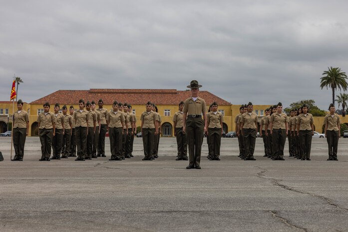 U.S. Marines with Charlie Company, 1st Recruit Training Battalion, stand in formation during their Family Day ceremony at Marine Corps Recruit Depot San Diego, California, May 16, 2024. After 13 weeks of physical and mental challenges, early mornings, and letters to and from home, this is the first-time friends and families will see their newly transformed Marines. (U.S. Marine Corps photo by Cpl. Sarah M. Grawcock)