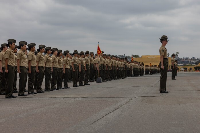 U.S. Marines with Charlie Company, 1st Recruit Training Battalion, stand in formation during their Family Day ceremony at Marine Corps Recruit Depot San Diego, California, May 16, 2024. After 13 weeks of physical and mental challenges, early mornings, and letters to and from home, this is the first-time friends and families will see their newly transformed Marines. (U.S. Marine Corps photo by Cpl. Sarah M. Grawcock)