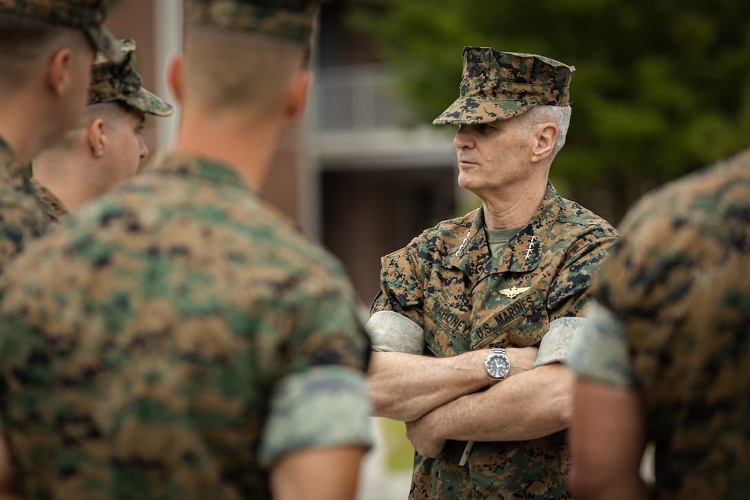 U.S. Marine Corps Gen. Christopher J. Mahoney, the assistant commandant of the Marine Corps (ACMC), speaks to Marine Corps Installations East-Marine Corps Base (MCB) Camp Lejeune and 2nd Marine Logistics Group (MLG) leaders outside of barracks building FC504 during a visit to MCB Camp Lejeune, North Carolina, May 14, 2024. The ACMC visited MCB Camp Lejeune to view current barracks living conditions and observe 2nd MLG and II Marine Expeditionary Force’s capabilities. (U.S. Marine Corps photo by Cpl. Antonino Mazzamuto)