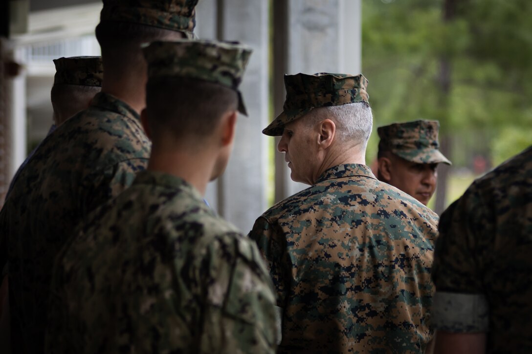 U.S. Marine Corps Gen. Christopher J. Mahoney, the assistant commandant of the Marine Corps (ACMC), tours barracks building FC504 with Marine Corps Installations East-Marine Corps Base (MCB) Camp Lejeune and 2nd Marine Logistics Group (MLG) leaders on MCB Camp Lejeune, North Carolina, May 14, 2024. The ACMC visited MCB Camp Lejeune to view current barracks living conditions and observe 2nd MLG and II Marine Expeditionary Force’s capabilities. (U.S. Marine Corps photo by Cpl. Antonino Mazzamuto)