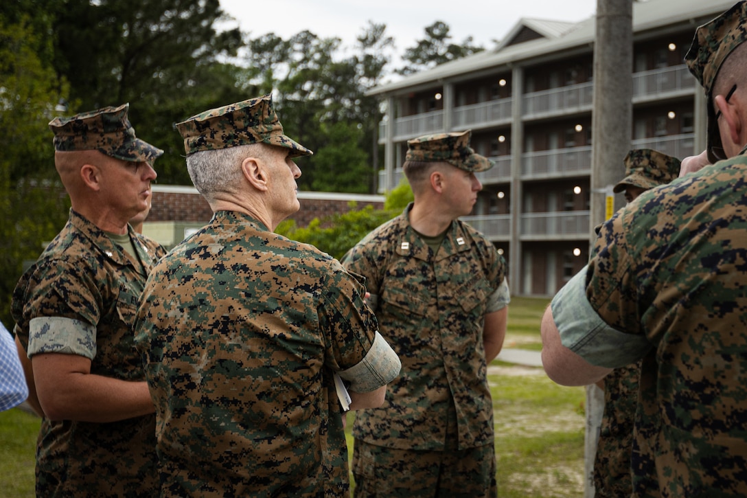 U.S. Marine Corps Gen. Christopher J. Mahoney, the assistant commandant of the Marine Corps (ACMC), stands outside of barracks building FC504 during a visit to Marine Corps Base (MCB) Camp Lejeune, North Carolina, May 14, 2024. The ACMC visited MCB Camp Lejeune to view current barracks living conditions and for a showcase of 2nd Marine Logistics Groups and II Marine Expeditionary Force’s capabilities. (U.S. Marine Corps photo by Cpl. Antonino Mazzamuto)