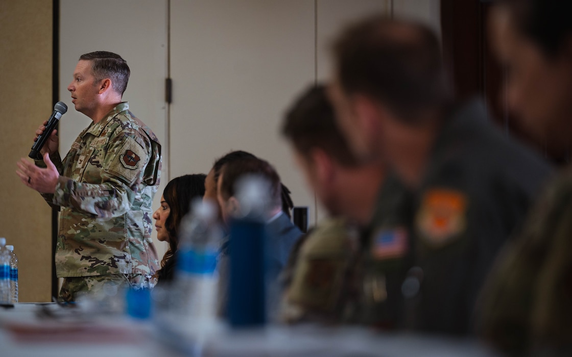 U.S. Air Force Col. Peter Abercrombie, 56th Mission Support Squadron commander, leads a conversation during a roundtable discussion about the Military Interstate Children’s Compact Commission (MIC3).