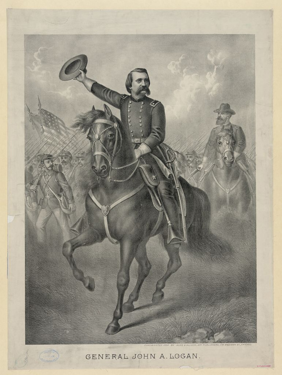 A drawing shows a general on a horse holding his hat above his head.
