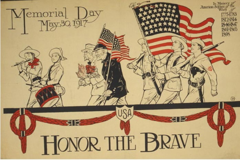 A Memorial Day poster  shows service members marching and the words 'honor the brave.'