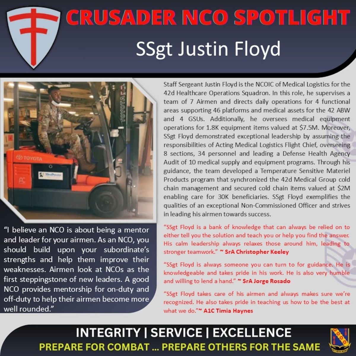U.S. Air Force Staff Sgt. Justin Floyd, 42nd Healthcare Operations Squadron, is featured in the Crusader NCO Spotlight during the month of May at Maxwell Air Force Base, Ala.