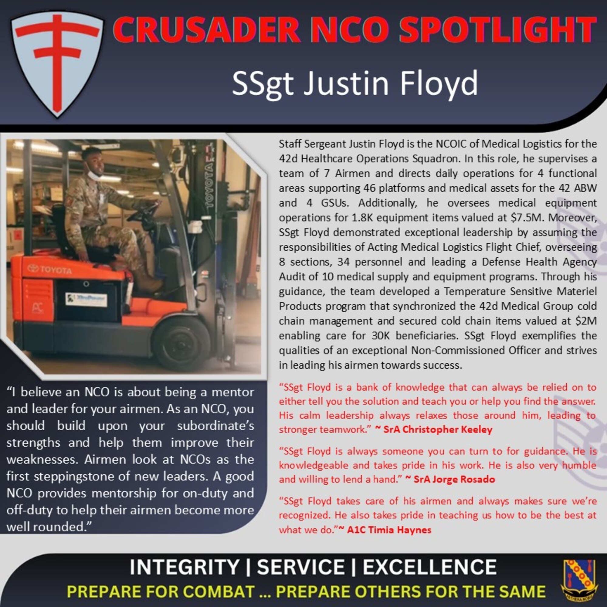 U.S. Air Force Staff Sgt. Justin Floyd, 42nd Healthcare Operations Squadron, is featured in the Crusader NCO Spotlight during the month of May at Maxwell Air Force Base, Ala.