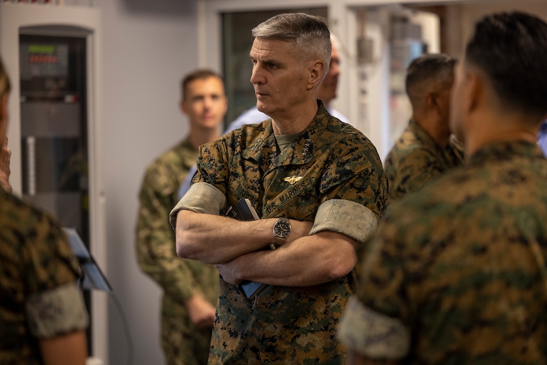 U.S. Marine Corps General Christopher J. Mahoney, Assistant Commandant of the Marine Corps, listens to briefs during his visit to the 2nd MLG Human Performance Center on Camp Lejeune, North Carolina, May 14, 2024. Gen. Mahoney visited various facilities and infrastructures of 2nd MLG while visiting Camp Lejeune. (U.S. Marine Corps photo by Lance Cpl. Jessica J. Mazzamuto)