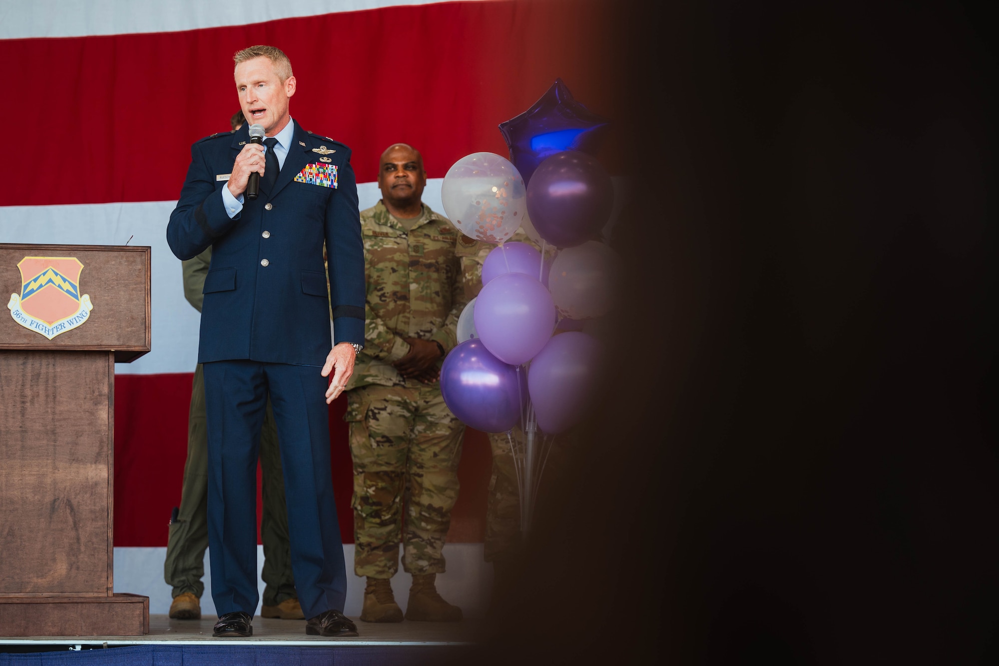 U.S. Air Force Brig. Gen. Jason Rueschhoff, 56th Fighter Wing commander, speaks at the ceremonial signing of Arizona House Bill 2246.