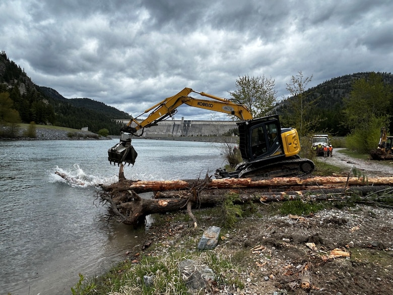 Photo of a tagged wood log making a splash in the Kootenai River, Montana.