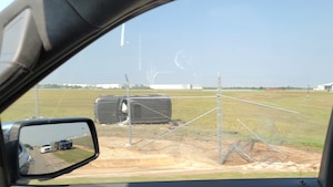 A civilian driver crashed and flipped a vehicle through the fence near the commercial vehicle gate at Joint Base San Antonio-Lackland, Texas, May 9, 2024.