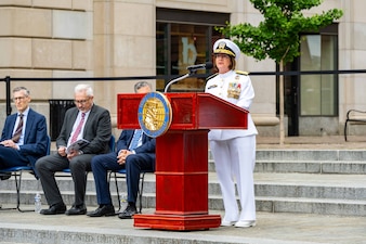 Chief of Naval Operations Adm. Lisa Franchetti delivers remarks during the George Washington University Naval Reserve Officers Training Corps (NROTC) commissioning ceremony at the Navy Memorial in Washington D.C., May 20, 2024.  The spring 2024 commissioning class consisted of 25 graduating midshipmen and enlisted Marines from George Washington University, Georgetown University, and The Catholic University of America. (U.S. Navy photo by Chief Mass Communication Specialist Amanda R. Gray)