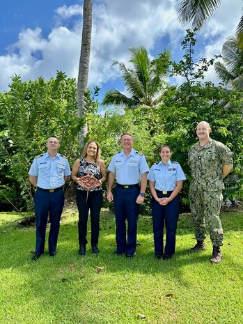 Capt. Nicholas Simmons, U.S. Coast Guard Forces Micronesia/Sector Guam commander, and Capt. Robert Kistner, the incoming commander, traveled to Palau for brief yet impactful introductions and to express gratitude for the support received during Capt. Simmons' tenure as commander meeting with National Security Coordinator Ms. Jen Anson and U.S. Naval colleague Cmdr. Brendan Kruse, COFA security cooperation officer on May 14, 2024. The team completed a vital weeklong mission in the Republic of Palau, setting the stage for future collaboration and bolstering safe maritime navigation and security. This visit, in response to a request from Palau Marine Transportation, focused on an Aids to Navigation (ATON) Subject Matter Expert Exchange (SMEE). (U.S. Coast Guard photo)