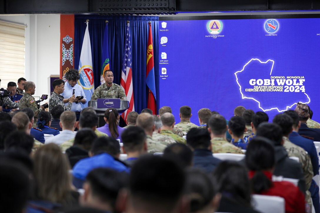 Maj. Marl Pasibe, the Gobi Wolf 2024 exercise director with U.S. Army Pacific, acknowledges all the support staff