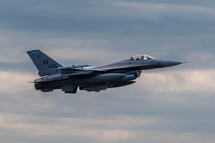 An F-16 flies over Šiauliai Air Base, Lithuania.