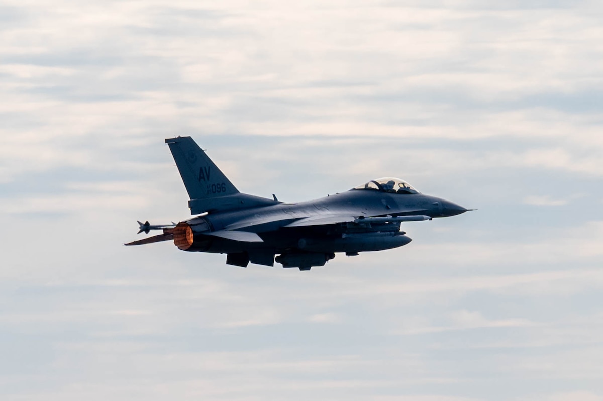 An F-16 flies over Šiauliai Air Base, Lithuania.