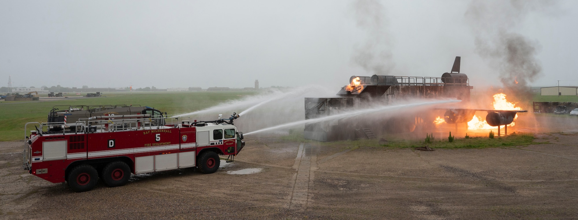 The installation regularly conducts readiness exercises to test the 100th CES level of preparedness for disaster response.