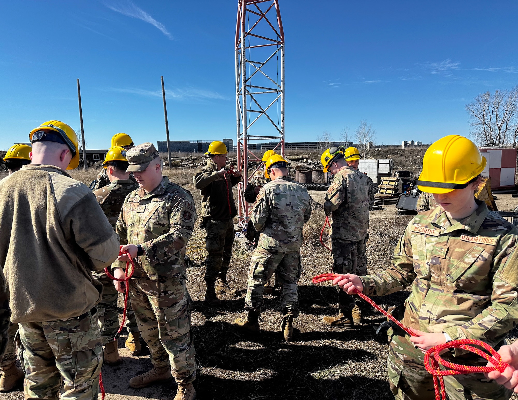 U.S. Air Force Airmen from the 210th Engineer Installation Squadron participate in a climbing recertification and rescue class in St. Paul, Minn., April 6, 2024.