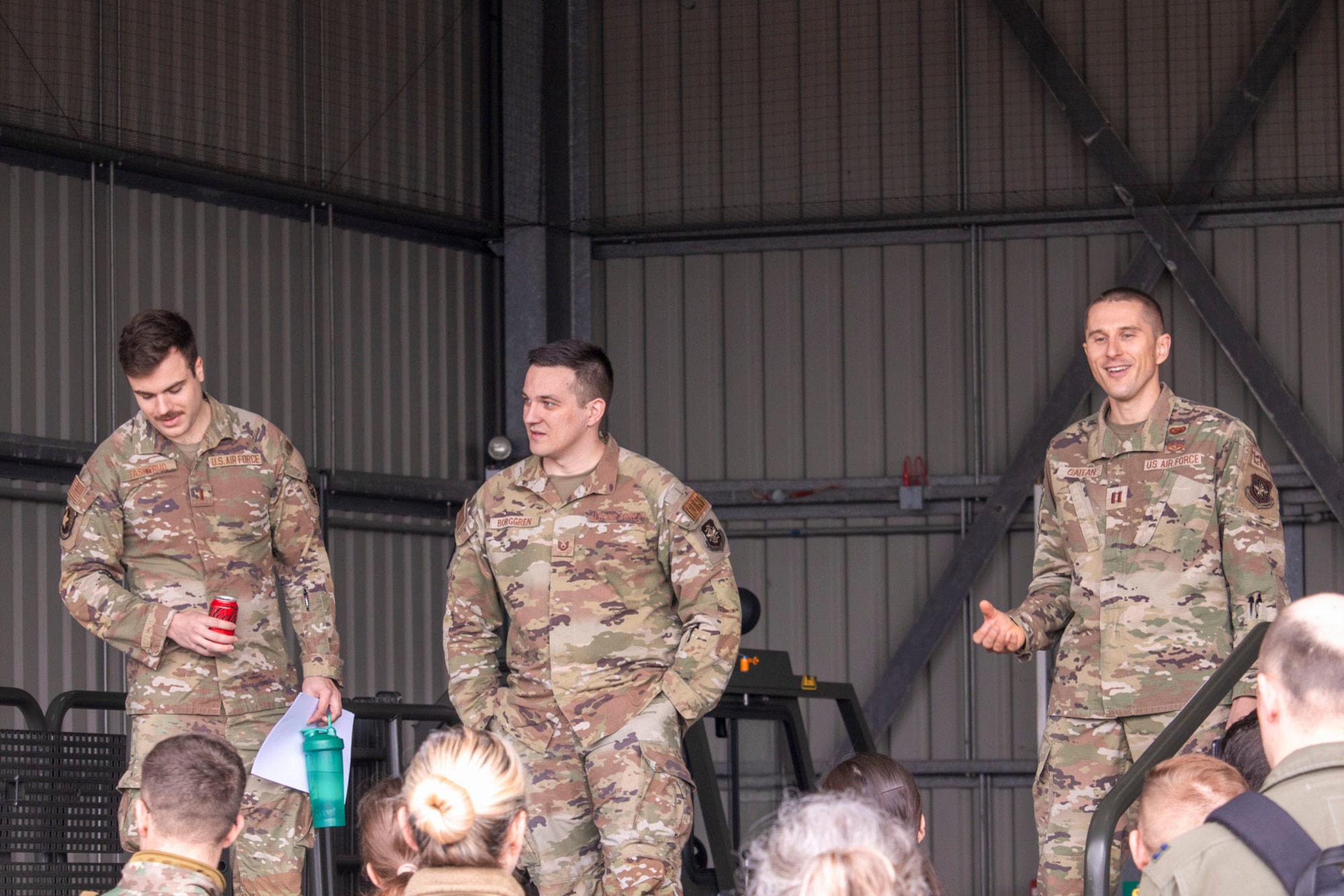 U.S. Airmen with the 727th Air Mobility Squadron Traffic Management Office brief participants in the Language Enabled Airmen Postured for Agile Combat Employment during a tour at Royal Air Force Mildenhall, England, May 8, 2024.