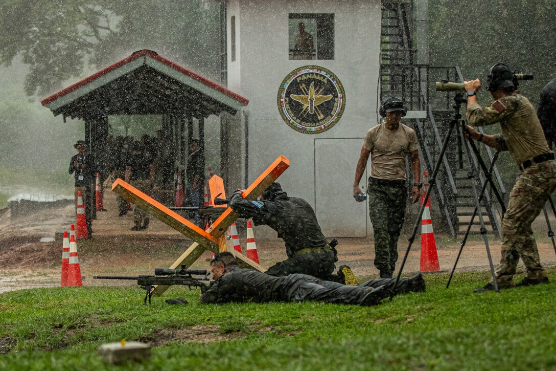 Team Argentina prepares to fire down range at the Fuerzas Comando 24 (FC24) Sniper Match in Cerro Tigre, Panama, May 16, 2024. FC24  aims to promote the exchange of information on best practices, tactics, techniques and procedures in an atmosphere of camaraderie to improve regional cooperation among the participating nations.