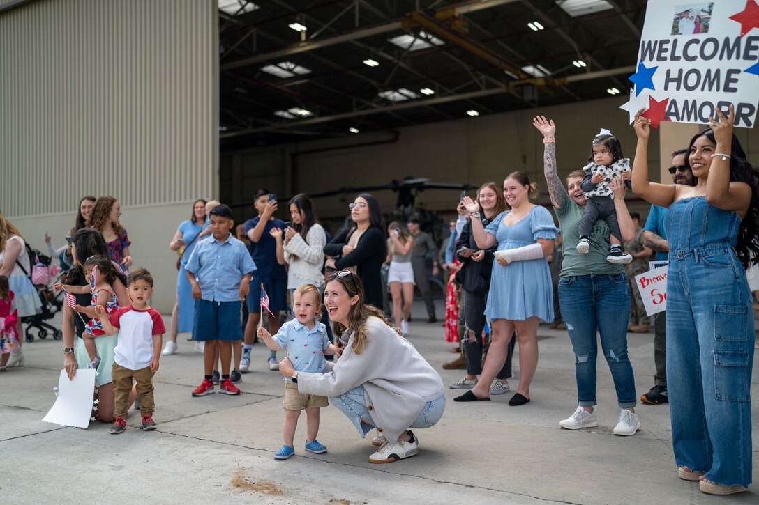 U.S. Marines, family and friends gather to welcome home U.S. Marines with Marine Light Attack Helicopter Squadron (HMLA) 369, Marine Aircraft Group 39, 3rd Marine Aircraft Wing, at Marine Corps Air Station Camp Pendleton, California, May 14, 2024.
