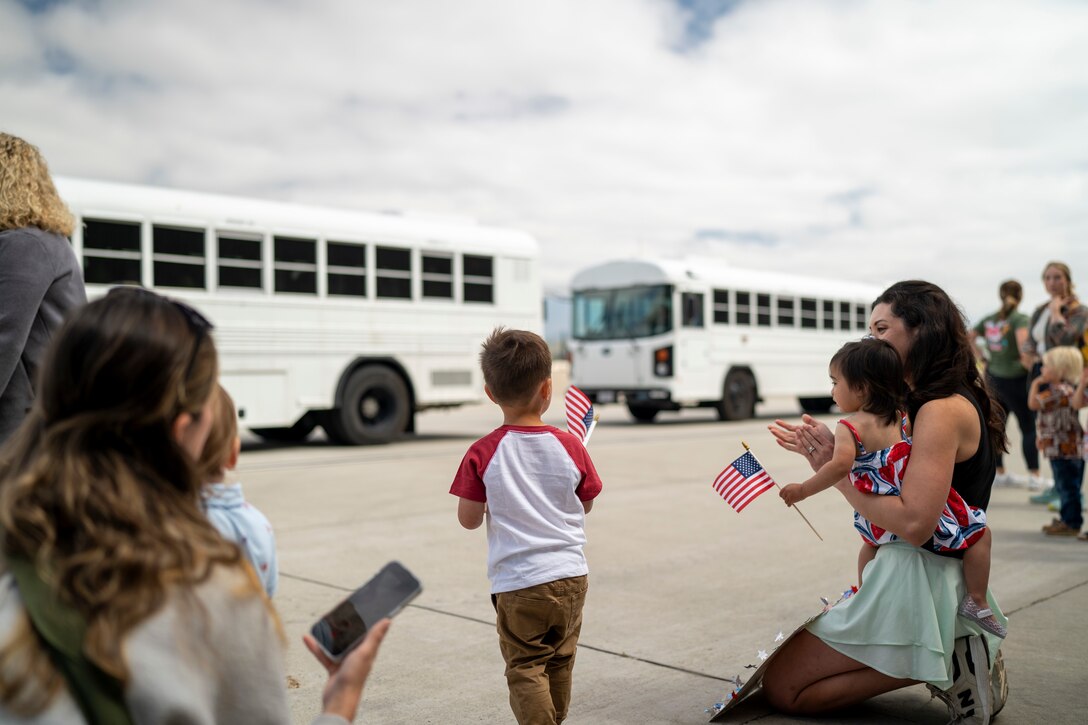 U.S. Marines, family and friends gather to welcome home Marines with Marine Light Attack Helicopter Squadron (HMLA) 369, Marine Aircraft Group 39, 3rd Marine Aircraft Wing, at Marine Corps Air Station Camp Pendleton, California, May 14, 2024.