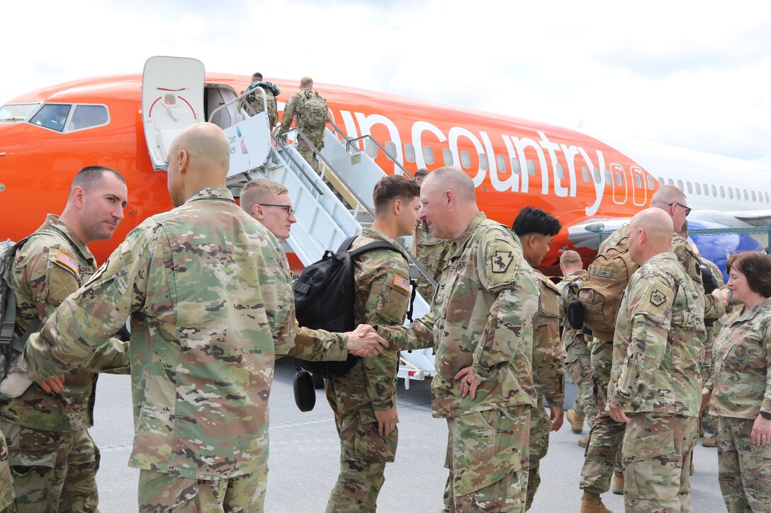 U.S. Soldiers assigned to the 28th Military Police Company, 165th Military Police Battalion, 55th Maneuver Enhancement Brigade, 28th Infantry Division, Pennsylvania Army National Guard held a departure ceremony May 18, 2024 and disembarked from Harrisburg International Airport, Middletown, Pa. the following day. The unit is mobilizing to Guantanamo Bay, Cuba to conduct prison detention operations. (U.S. Army National Guard photos by Sgt. 1st Class Shane Smith)