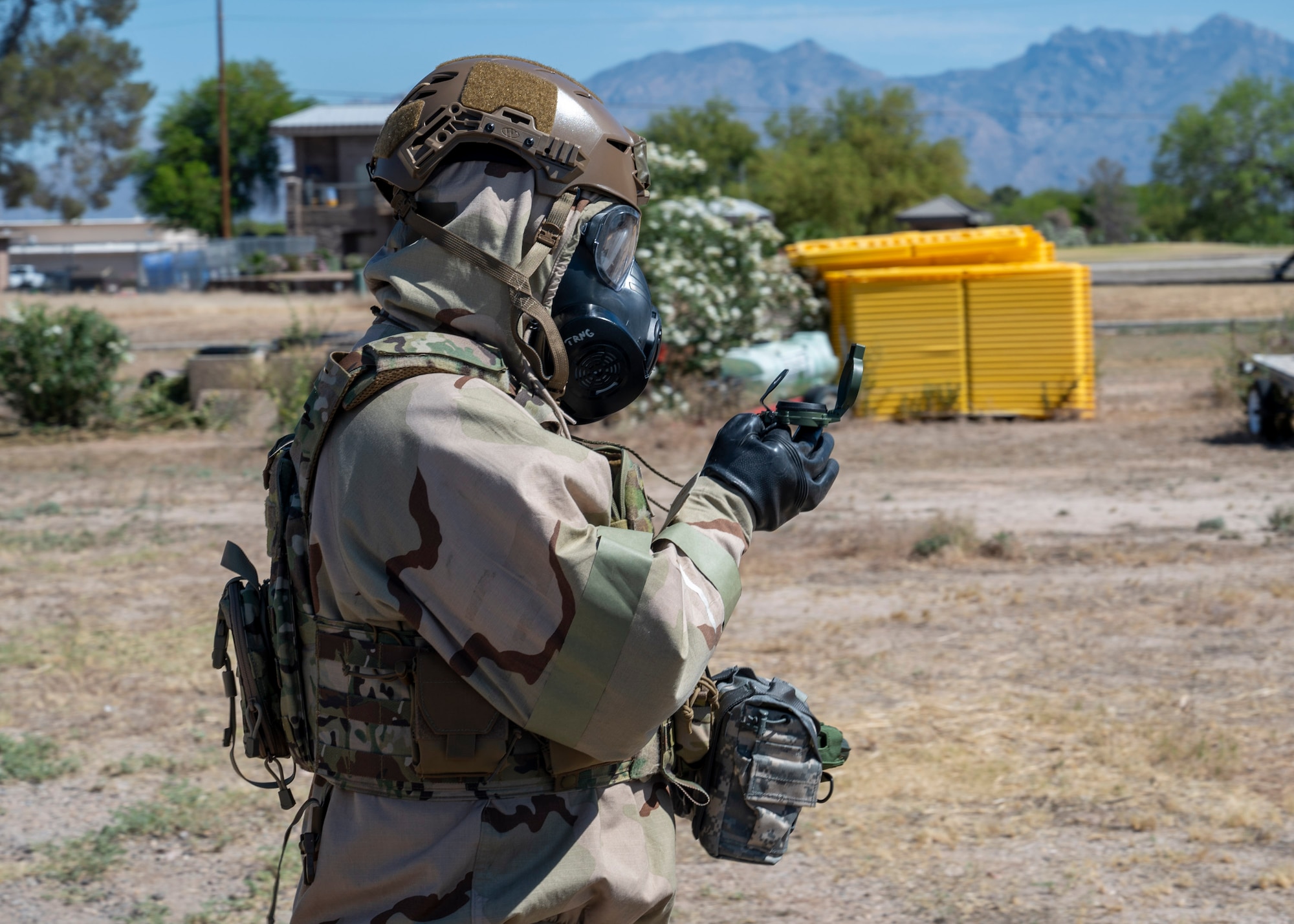 U.S. Airmen assigned to the 355th Civil Engineering Squadron perform a chemical contamination test during the Mission Support
Group Phase II training exercise at Davis-Monthan Air Force Base, Ariz., May 15, 2024. The MSG exercise lasted four days and prepared Airmen from several different career fields to successfully operate in a deployed environment. (U.S. Air Force photo by Airman 1st Class William Finn V)