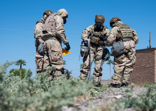 U.S. Airmen assigned to the 355th Civil Engineering Squadron perform a chemical contamination test during the Mission Support Group Phase II training exercise at Davis-Monthan Air Force Base, Ariz., May 15, 2024. The MSG exercise lasted four days and prepared Airmen from several different career fields to successfully operate in a deployed environment (U.S. Air Force photo by Airman 1st Class William Finn V)