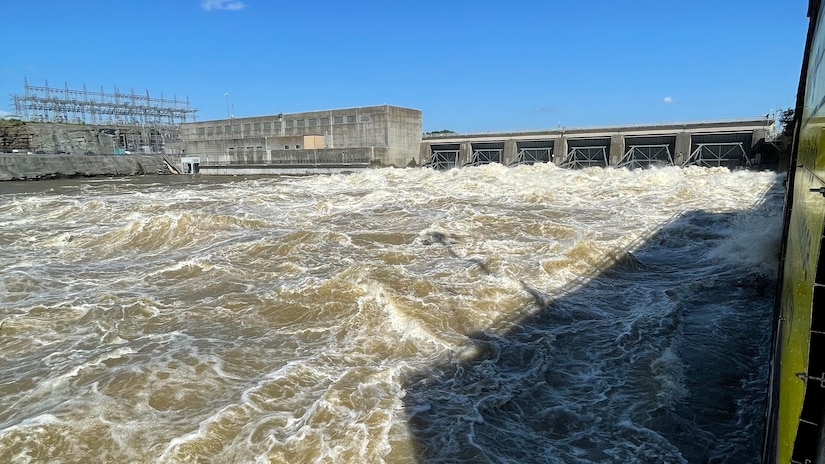 Old Hickory Dam in Hendersonville, Tennessee, releases water downstream on the Cumberland River May 9, 2024. A preliminary analysis of flood data by the U.S. Army Corps of Engineers Nashville District from the early May high-water event in middle Tennessee, revealed USACE dam projects in the Cumberland River Basin reduced flood damages by an estimated $180 million. (USACE Photo)