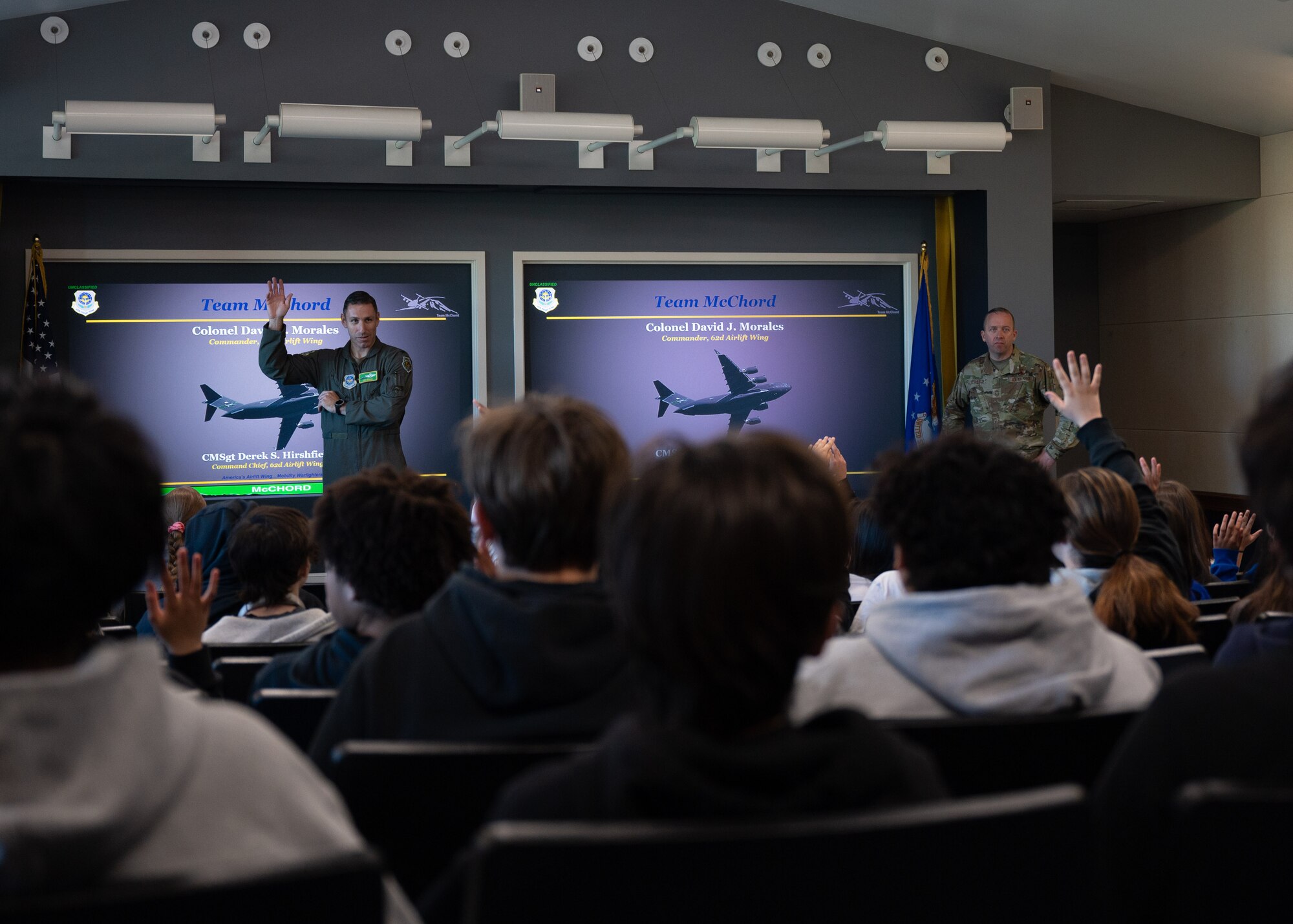 Spanaway Middle School students toured a C-17 Globemaster III and various locations around Joint Base Lewis-McChord, Washington, May 14, 2024. The students met with 62d Airlift Wing Airmen and were introduced to various aviation career fields to experience the rapid global mobility mission first-hand.