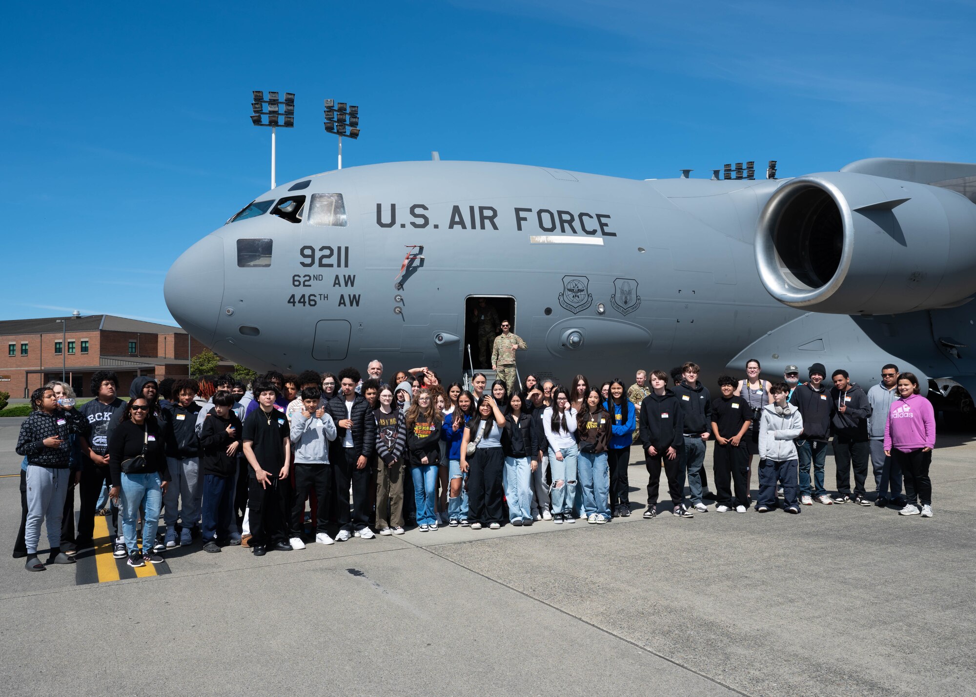 Spanaway Middle School students toured a C-17 Globemaster III and various locations around Joint Base Lewis-McChord, Washington, May 14, 2024. The students met with 62d Airlift Wing Airmen and were introduced to various aviation career fields to experience the rapid global mobility mission first-hand.