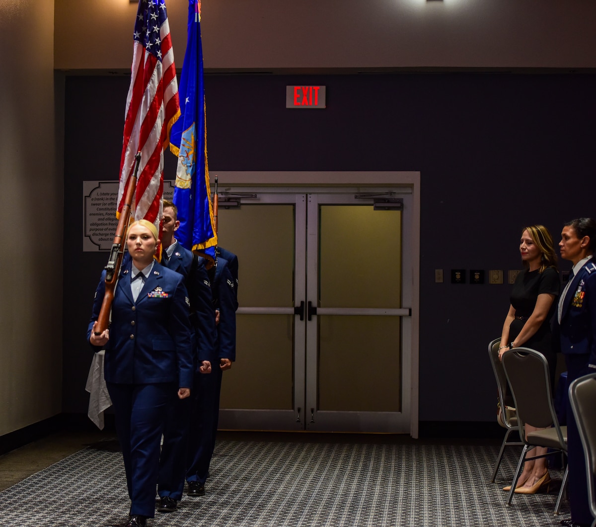 The Goodfellow Air Force Base Honor Guard presents the colors during the Airman Leadership School Class 24-D graduation at the Powell Event Center, Goodfellow Air Force Base, Texas, May 17, 2024. One of the purposes of the Honor Guard is to present the National Colors during official ceremonies. (U.S. Marine Corps photo by Corporal Jessica Roeder)