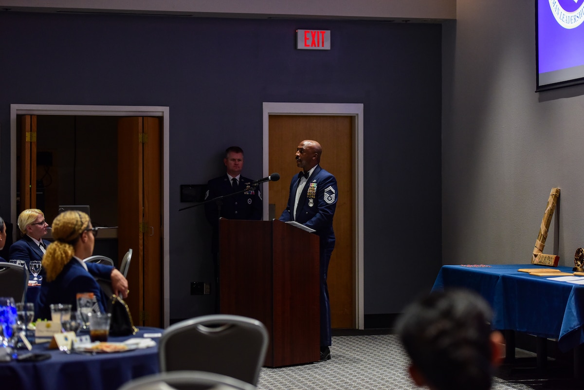 U.S. Air Force Senior Master Sgt. Eric Adams, 47th Security Forces Squadron operational superintendent, addresses the Airman Leadership School class 24-D during their graduation at the Powell Event Center, Goodfellow Air Force Base, Texas, May 17, 2024. Students gain an understanding of their role as military supervisors and how they contribute to the overall goals and mission of the Air Force. (U.S. Marine Corps photo by Corporal Jessica Roeder)