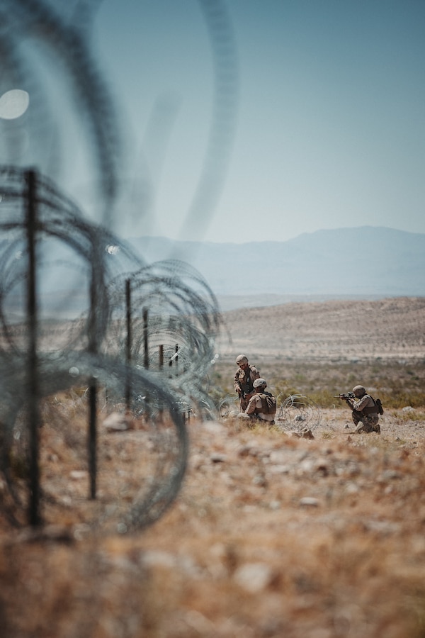 U.S. Marines with 3rd Light Armored Reconnaissance Battalion and 1st Combat Engineer Battalion, both with 1st Marine Division, set up a bangalore charge during a live-fire demolition range at Range 114, Marine Corps Air-Ground Combat Center, Twentynine Palms, California, May 16, 2024. The purpose of the demolition range was to construct, calculate standoffs, and employ bangalores to gain a foothold in any obstacle they may face in a real-world scenario. (U.S. Marine Corps photo by Lance Cpl. Richard PerezGarcia)