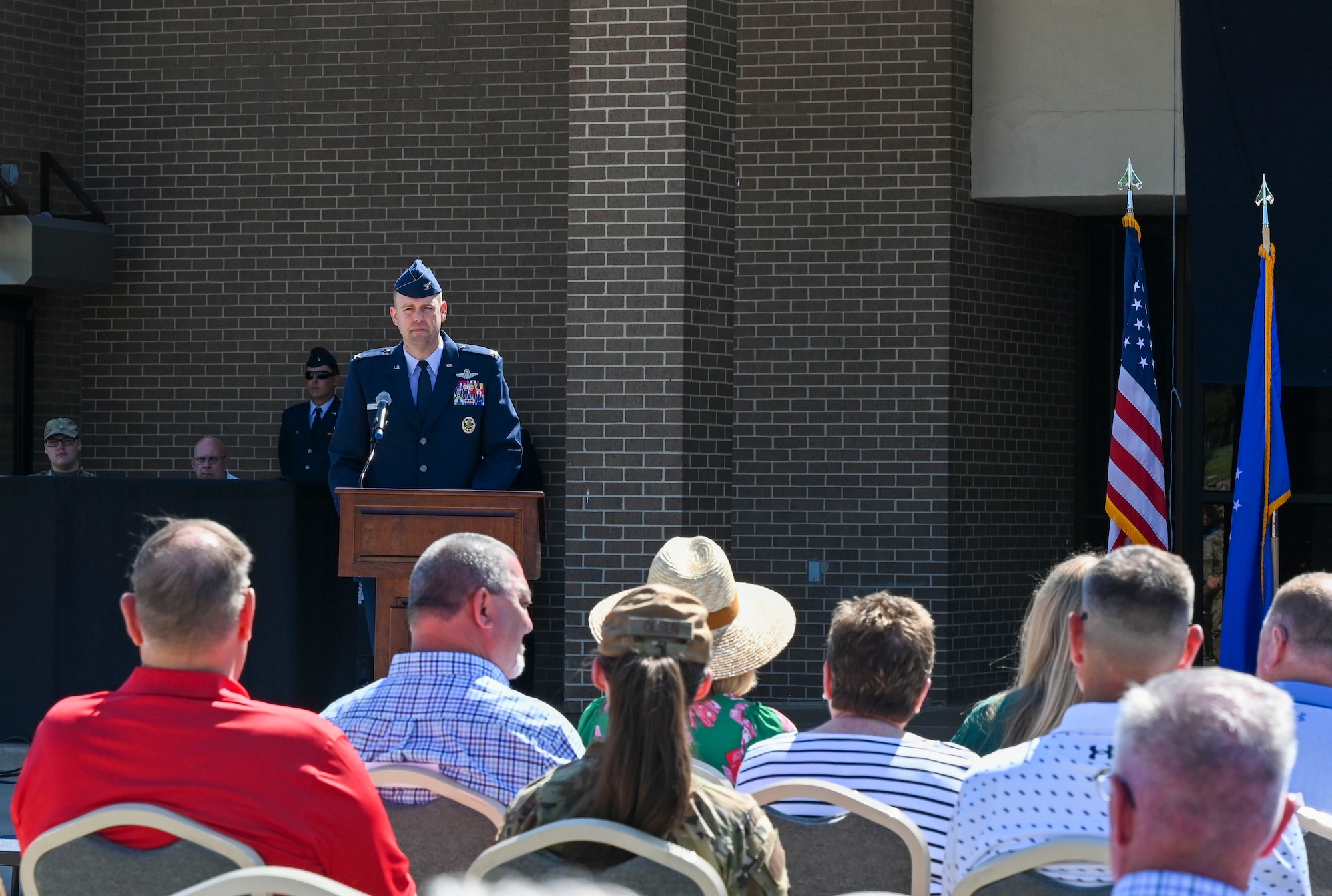 An Air Force officer speaks to a crowd