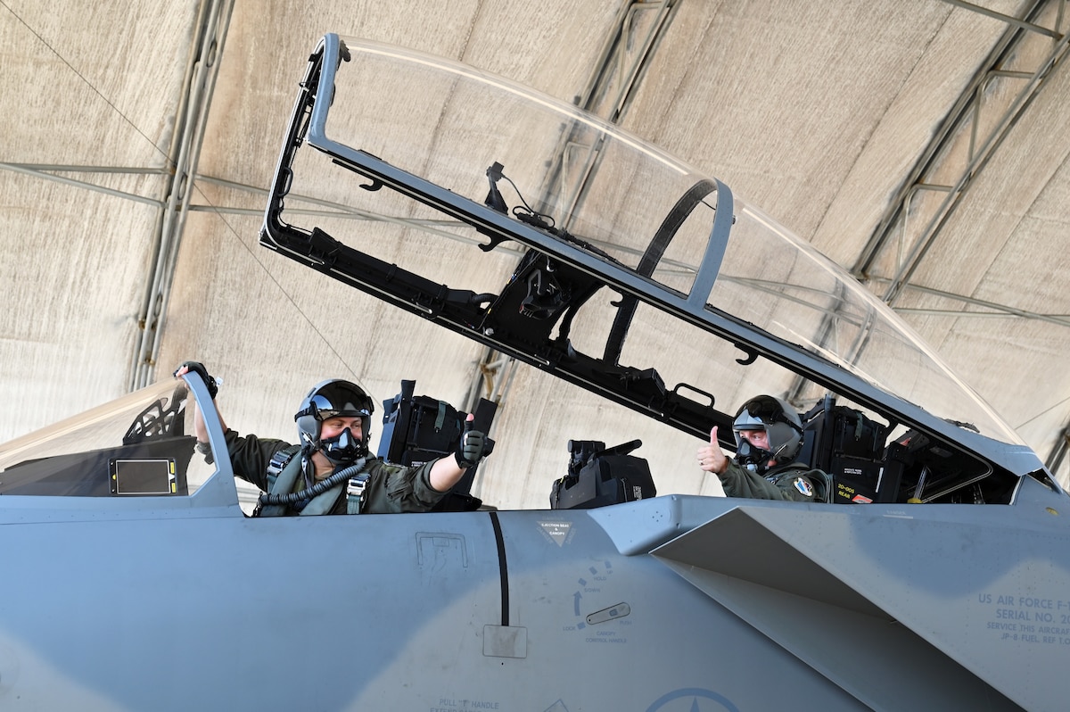 U.S. Air Force Maj. Scott Addy, 85th Test and Evaluation Squadron, F-15 division chief, gets a thumbs up from Chief Master Sgt. David Wolfe, command chief of Air Combat Command, prior to taking off in an F-15EX out of Eglin Air Force Base, Florida, April 11, 2024. The F-15EX is the first Air Force aircraft to be tested and fielded from beginning to end, through combined developmental and operational tests. (U.S. Air Force photo by Capt. Lindsey Brewer)